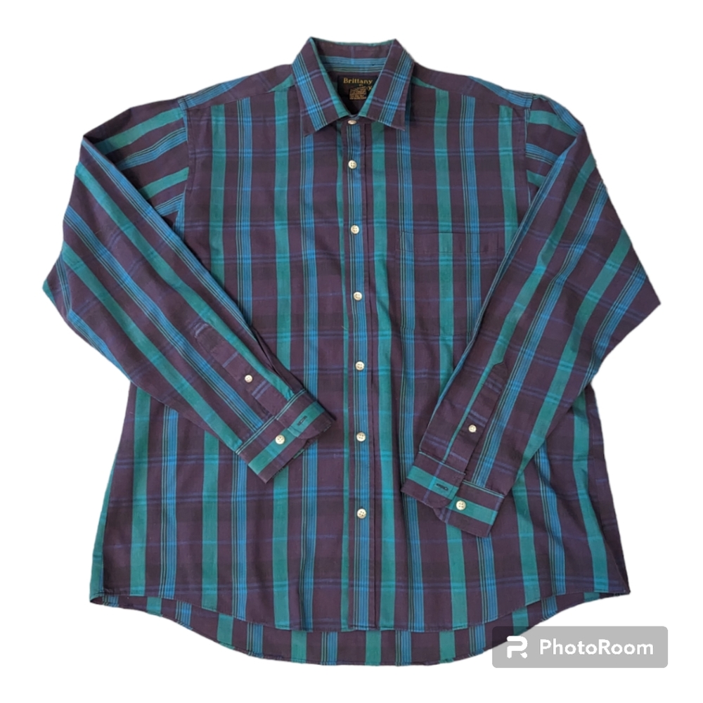 VTG Brittany Bay Easy Care Purple Green Plaid LS Button Front Shirt Men's XL